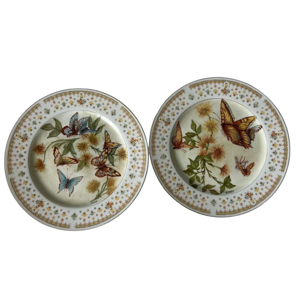 Vintage Garden Bouquet Fine China Plate Hand Painted Butterfly Design‎ Set of 2